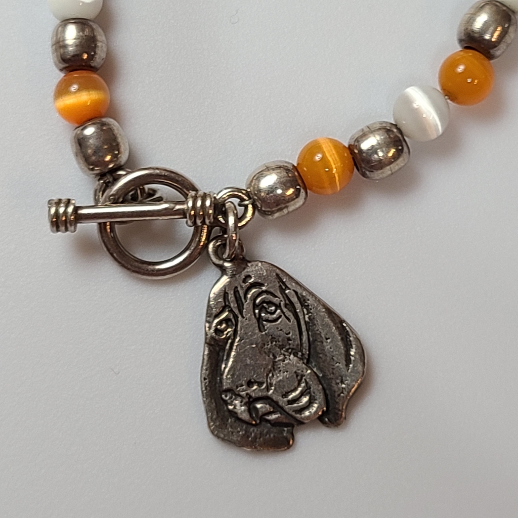 925 Cats Eye Orange Basset Hound Dog Toggle Bracelet Sterling Silver Charm